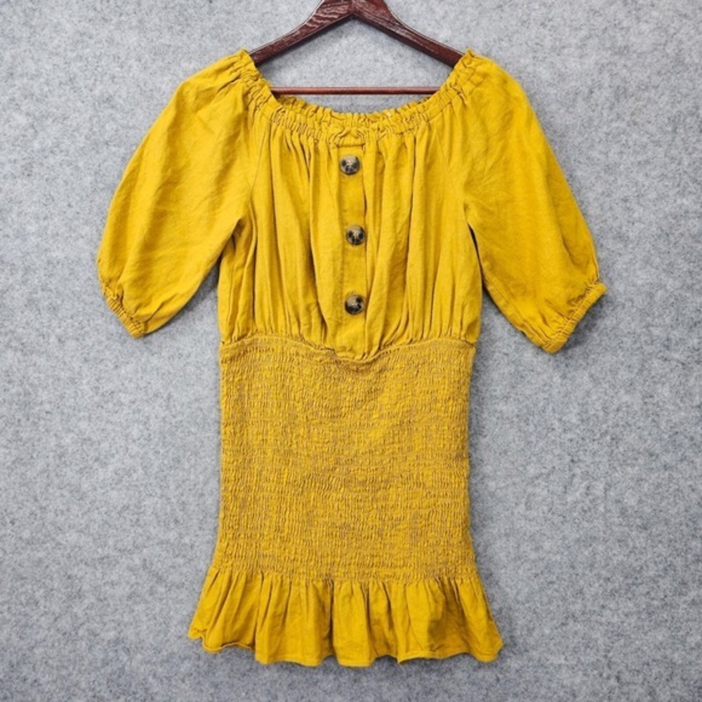 ZARA Linen Dress Womens L Mustard Milkmaid Cottage Boho Smocked Off Shoulder